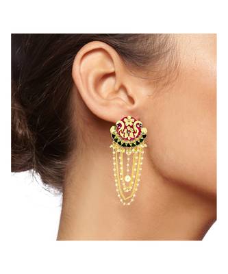 Long Statement Peacock Rani Pink Green Pearl Dangling Earring 4