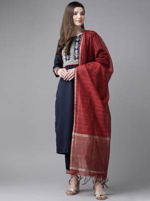Indo Era Navy Blue Solid Straight Kurta Trouser With Dupatta Set 1