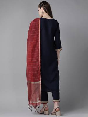 Indo Era Navy Blue Solid Straight Kurta Trouser With Dupatta Set 2