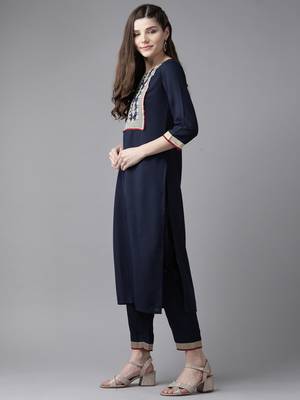 Indo Era Navy Blue Solid Straight Kurta Trouser With Dupatta Set 3
