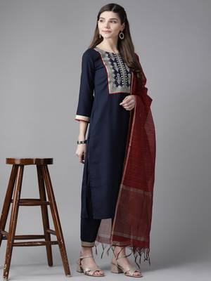 Indo Era Navy Blue Solid Straight Kurta Trouser With Dupatta Set 4