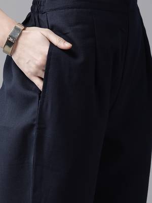 Indo Era Navy Blue Solid Straight Kurta Trouser With Dupatta Set 5