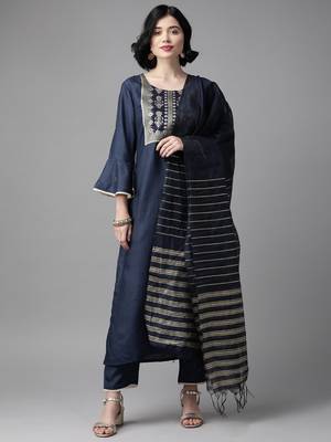 Indo Era Navy Blue Solid Straight Kurta Trouser Set 1