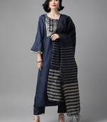 Indo Era Navy Blue Solid Straight Kurta Trouser Set