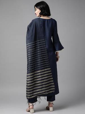 Indo Era Navy Blue Solid Straight Kurta Trouser Set 2