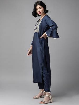 Indo Era Navy Blue Solid Straight Kurta Trouser Set 3