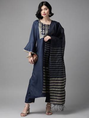 Indo Era Navy Blue Solid Straight Kurta Trouser Set 4