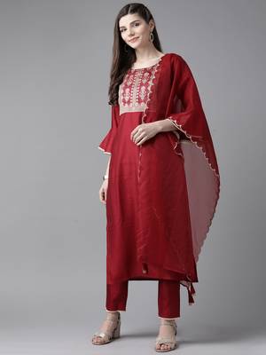 Indo Era Red Solid Straight Kurta Trouser Set 1