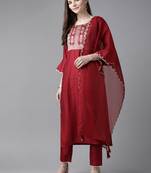 Indo Era Red Solid Straight Kurta Trouser Set