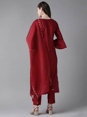 Indo Era Red Solid Straight Kurta Trouser Set 2