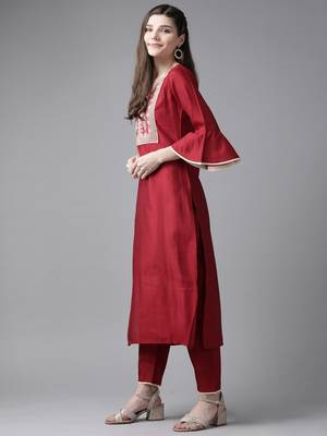 Indo Era Red Solid Straight Kurta Trouser Set 3
