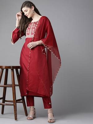 Indo Era Red Solid Straight Kurta Trouser Set 4
