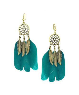 Feather Flower Filigree Drak Green 18K Gold Hanging Dangle Earring 1