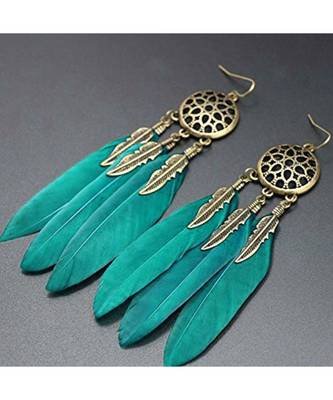 Feather Flower Filigree Drak Green 18K Gold Hanging Dangle Earring 2