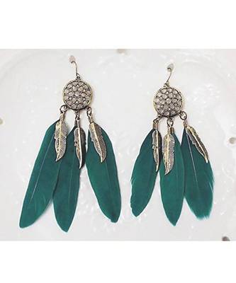 Feather Flower Filigree Drak Green 18K Gold Hanging Dangle Earring 4