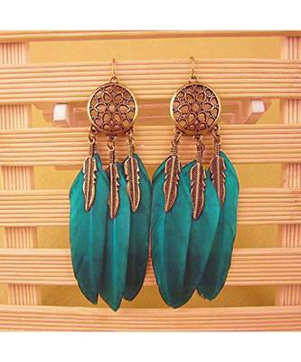 Feather Flower Filigree Drak Green 18K Gold Hanging Dangle Earring 5