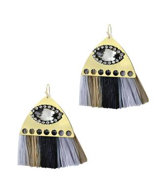 Studded Fan Tassel Bohemian Gypsy Black Blue Grey Statement Earrings 1