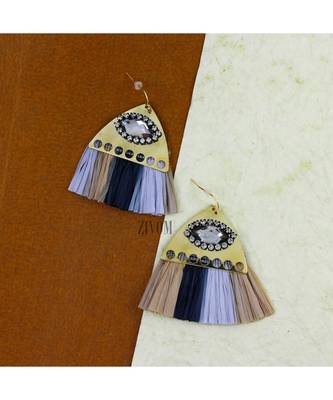 Studded Fan Tassel Bohemian Gypsy Black Blue Grey Statement Earrings 3