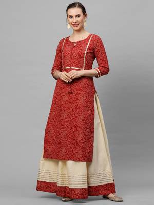 Indo Era Red Bandhani Printed Straight Kurta Skirt Set 1