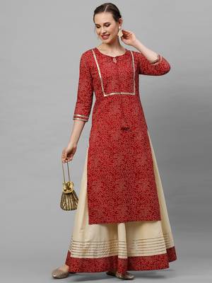 Indo Era Red Bandhani Printed Straight Kurta Skirt Set 5