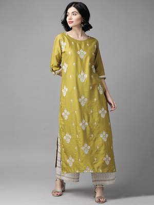 Indo Era Olive Embroidered Straight Kurta Palazzo Set 1