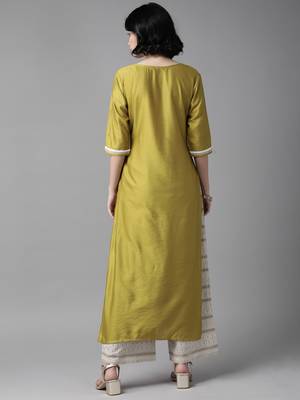 Indo Era Olive Embroidered Straight Kurta Palazzo Set 2