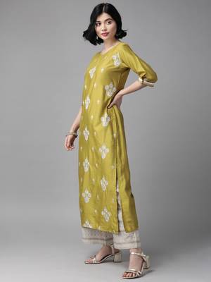 Indo Era Olive Embroidered Straight Kurta Palazzo Set 3