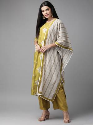 Indo Era Olive Embroidered Straight Kurta Palazzo With Dupatta Set 1