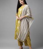 Indo Era Olive Embroidered Straight Kurta Palazzo With Dupatta Set