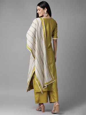 Indo Era Olive Embroidered Straight Kurta Palazzo With Dupatta Set 2