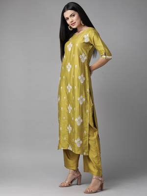 Indo Era Olive Embroidered Straight Kurta Palazzo With Dupatta Set 3