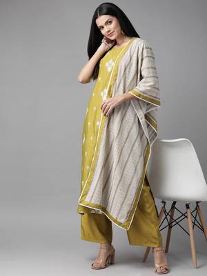 Indo Era Olive Embroidered Straight Kurta Palazzo With Dupatta Set 4