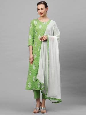 Indo Era Green Printed Straight Kurta Trouser With Dupatta Set 1
