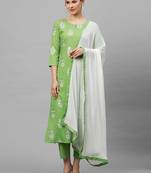 Indo Era Green Printed Straight Kurta Trouser With Dupatta Set