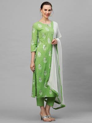 Indo Era Green Printed Straight Kurta Trouser With Dupatta Set 3