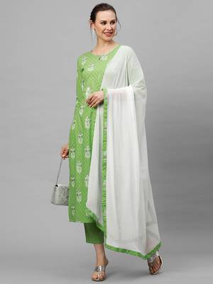 Indo Era Green Printed Straight Kurta Trouser With Dupatta Set 5