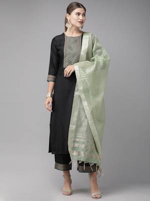 Indo Era Black Solid Straight Kurta Palazzo With Dupatta Set 1