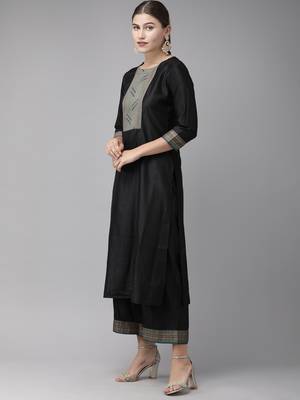 Indo Era Black Solid Straight Kurta Palazzo With Dupatta Set 3