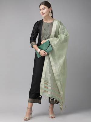 Indo Era Black Solid Straight Kurta Palazzo With Dupatta Set 4