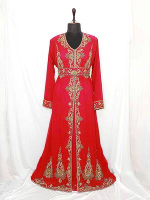 Red Moroccan Kaftan With Sun-proof hijab 1