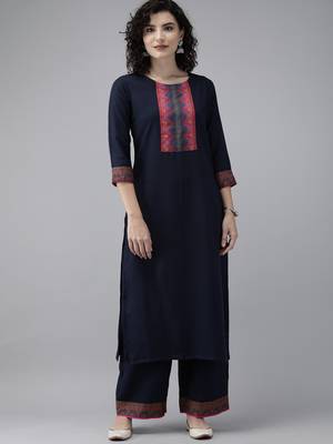 Indo Era Navy Blue Solid Straight Kurta Palazzo Set 1