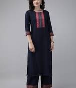 Indo Era Navy Blue Solid Straight Kurta Palazzo Set