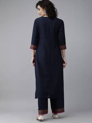 Indo Era Navy Blue Solid Straight Kurta Palazzo Set 2