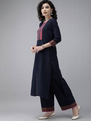 Indo Era Navy Blue Solid Straight Kurta Palazzo Set 3
