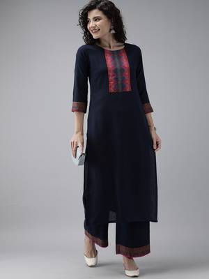 Indo Era Navy Blue Solid Straight Kurta Palazzo Set 4