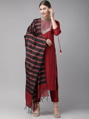Indo Era Red Solid Straight Kurta Trouser With Dupatta Set 1