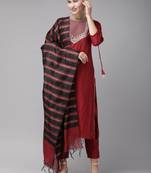 Indo Era Red Solid Straight Kurta Trouser With Dupatta Set