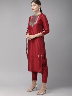 Indo Era Red Solid Straight Kurta Trouser With Dupatta Set 3
