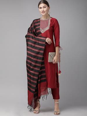 Indo Era Red Solid Straight Kurta Trouser With Dupatta Set 4