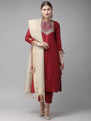 Indo Era Red Solid Straight Kurta Trouser With Dupatta Set 1